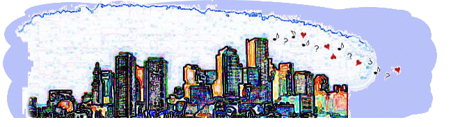 Drawing of a city skyline.  Musical notes, question marks and hearts stream down from the upper windows of the tallest skyscraper.
